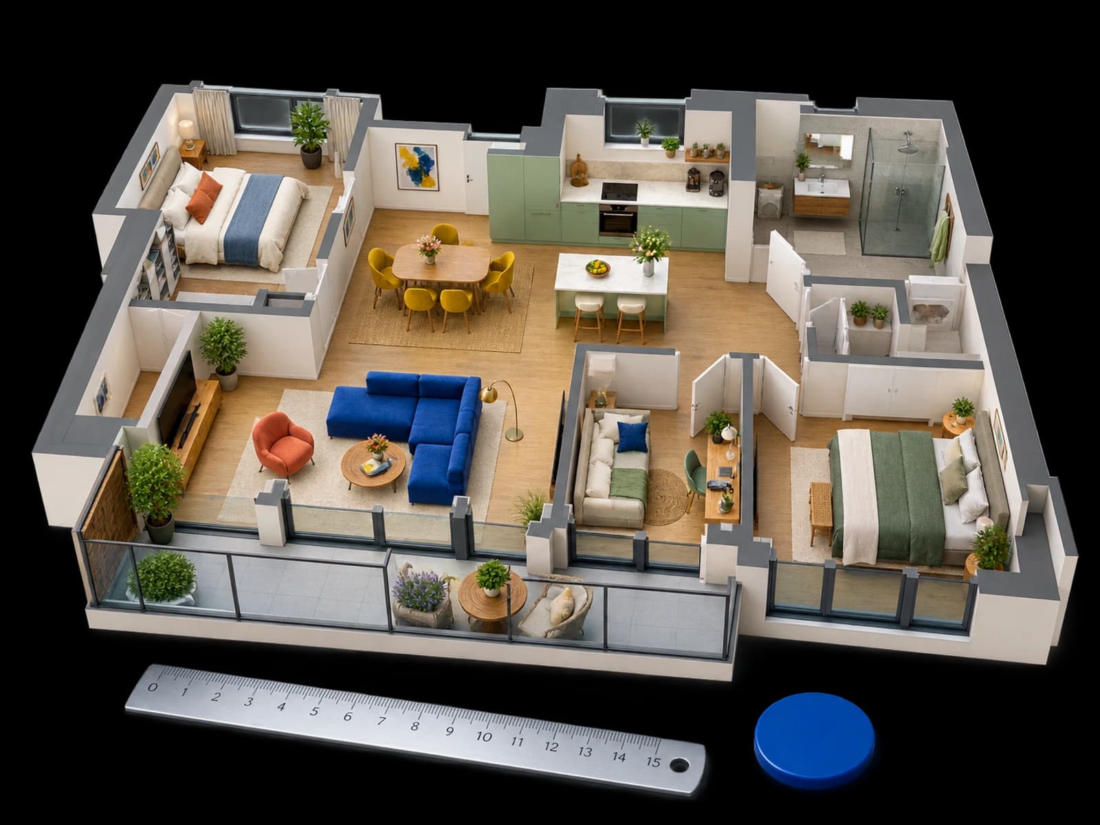 Geprüftes Wohnungsmodell mit Grundriss und Messwerkzeug