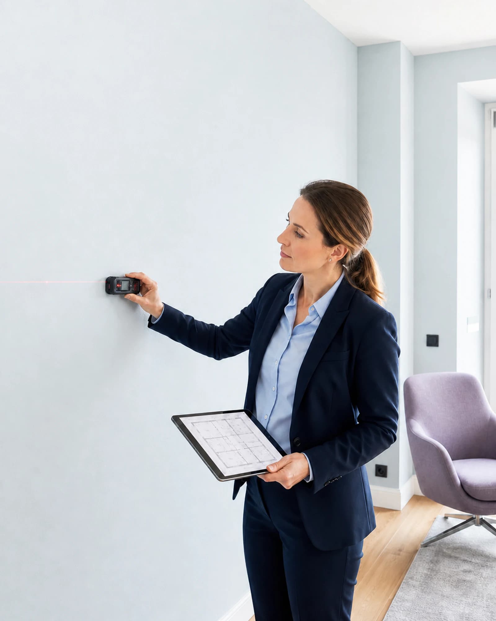 Immobiliengutachterin vermisst eine blaugraue Wand mit Laser und Grundriss-Tablet