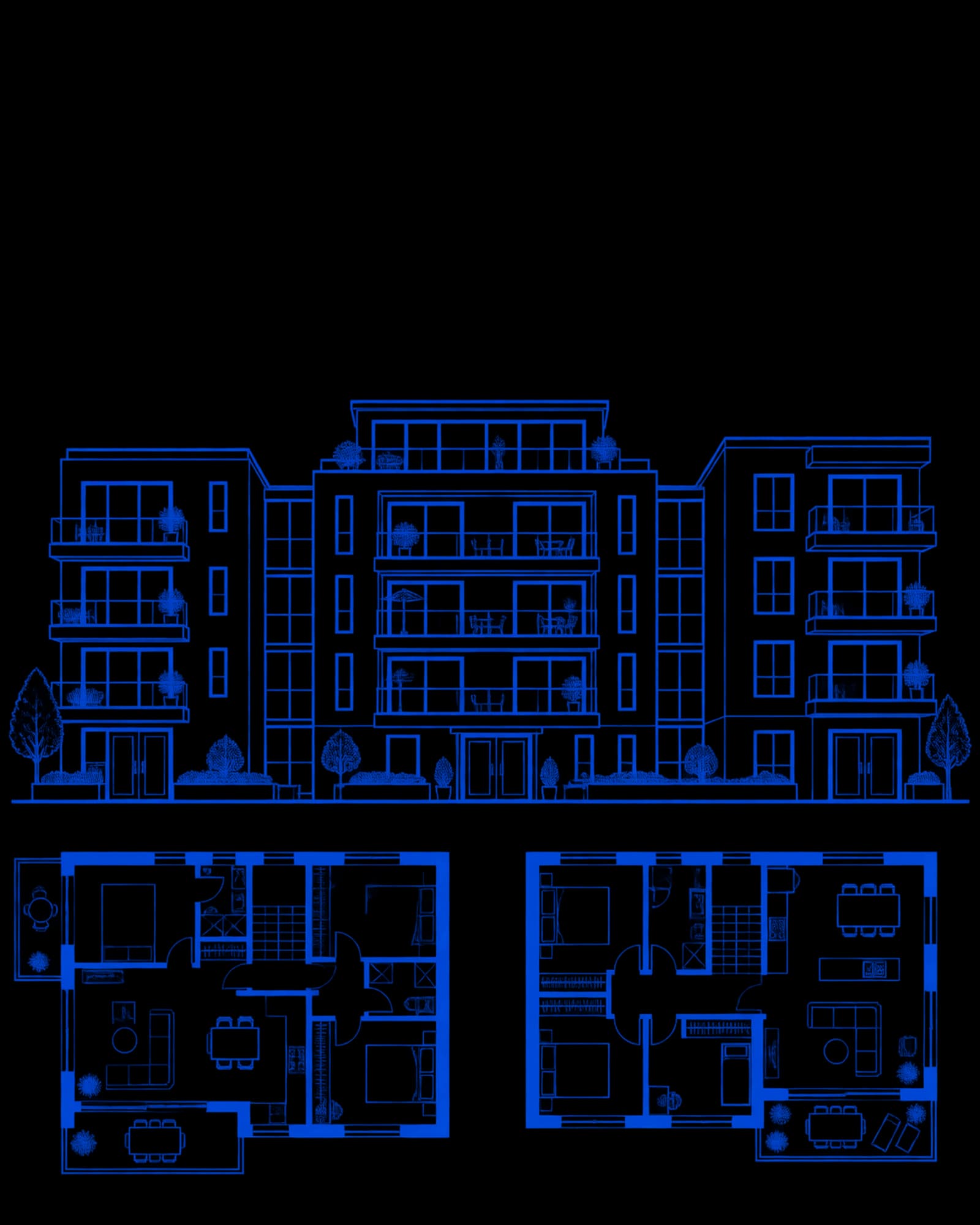 Frontale zweidimensionale Blueprint-Zeichnung eines Wohngebäudes