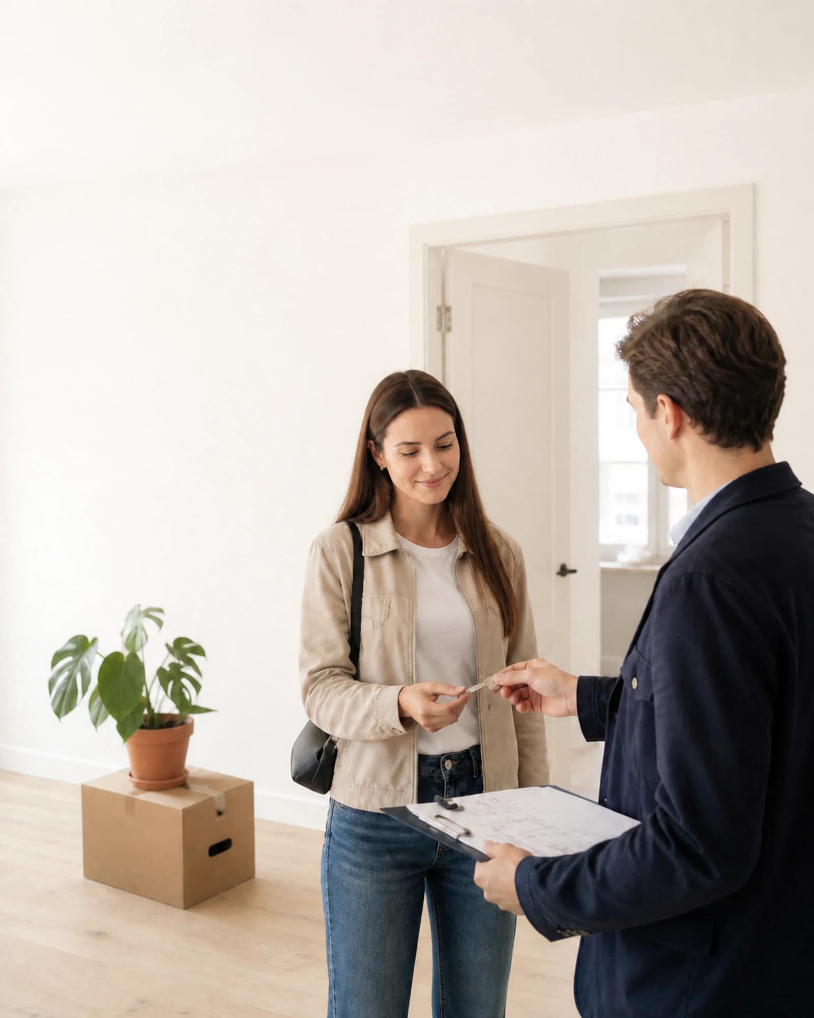 Schlüsselübergabe in einer hellen Wohnung mit neutraler Tür