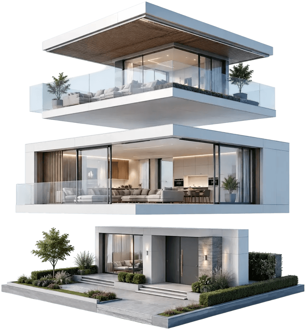 Immobilien kaufen: Modell eines modernen Wohnhauses mit drei Ebenen