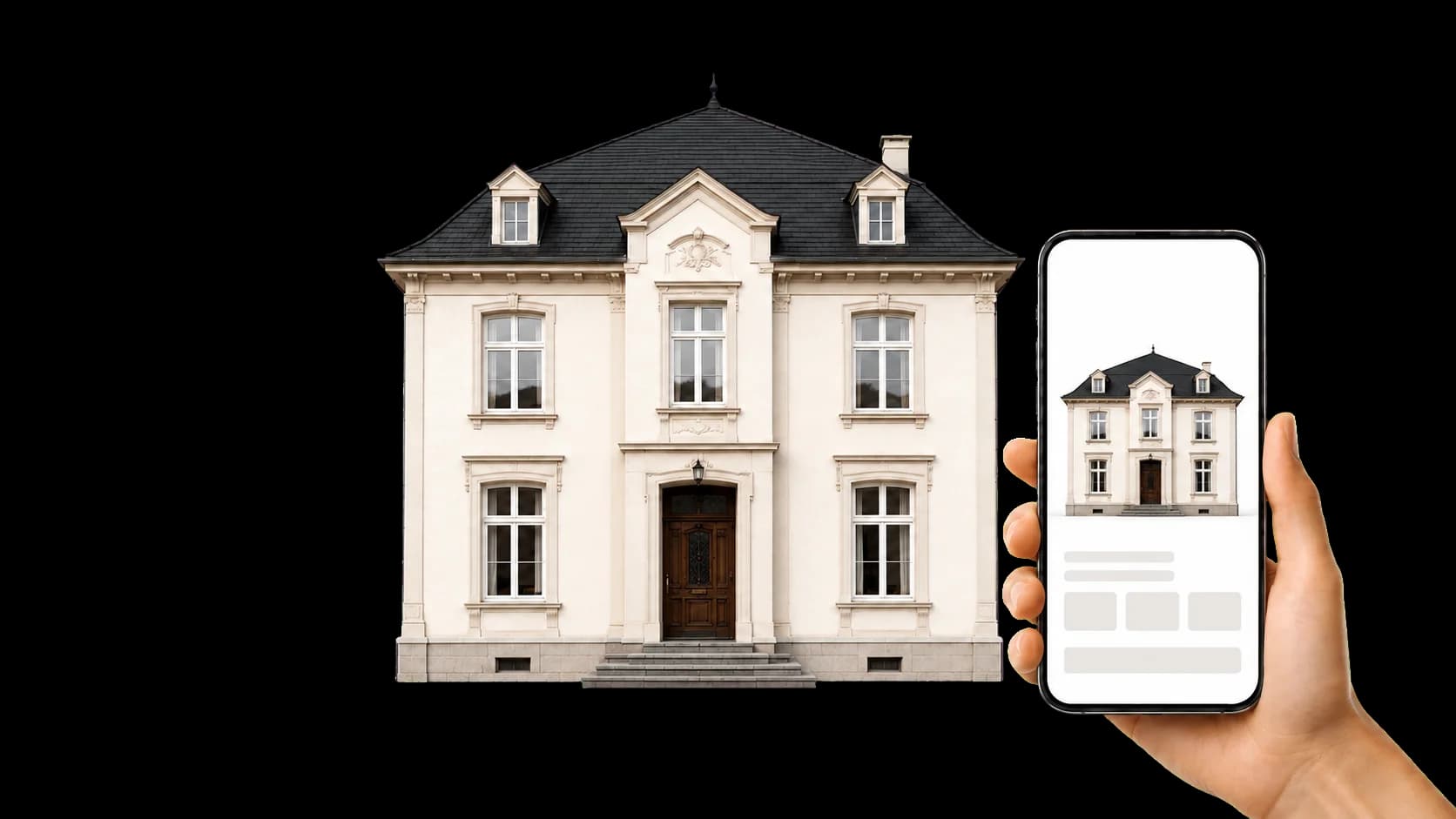 Immobilien verkaufen: Villa mit Exposé auf dem Handy