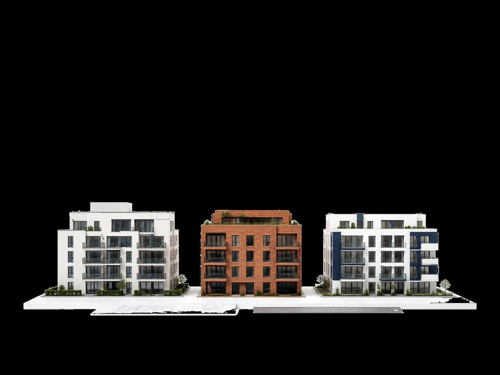 Frontales Quartiersmodell mit Lageplan und Architektenmaßstab