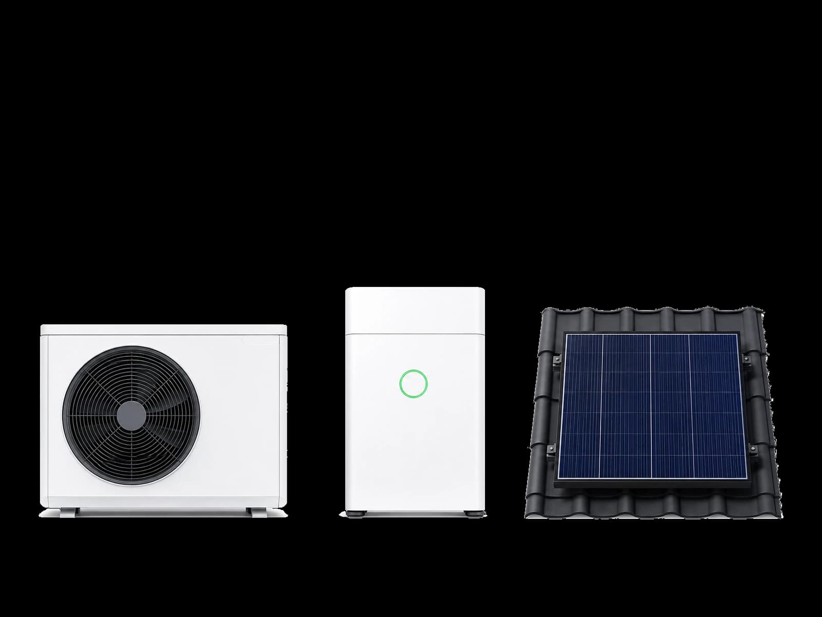 Frontale Reihe aus Batteriespeicher, Wärmepumpe und Solardach