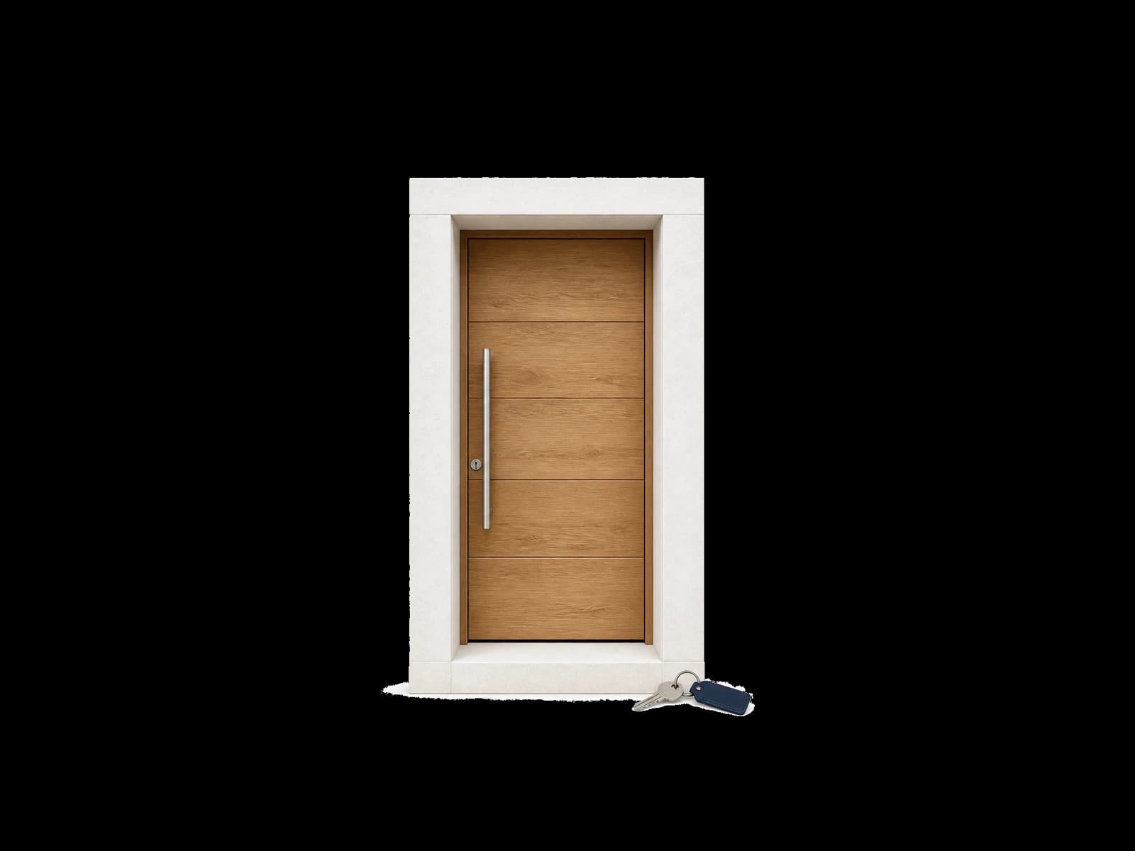 Frontale Haustür aus hellem Holz mit Schlüssel
