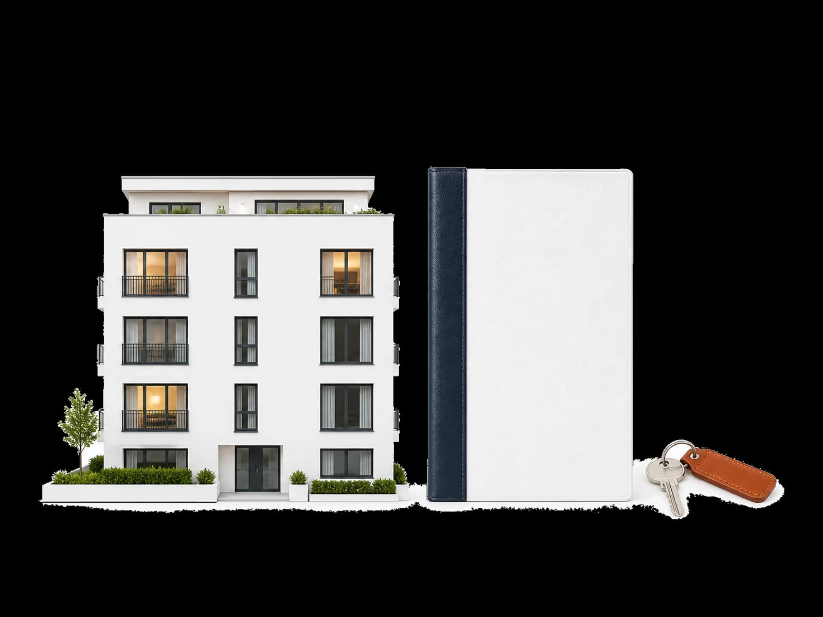 Frontales Apartmenthaus mit Mietmappe und Übergabeschlüsseln