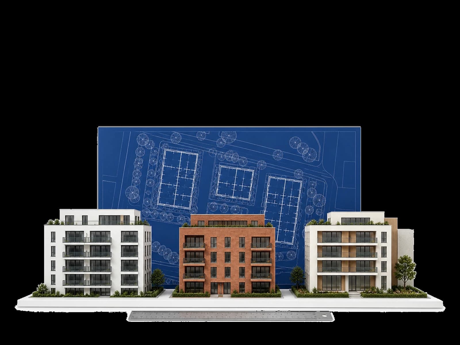 Architekturmodelle eines Wohnquartiers vor einem Lageplan