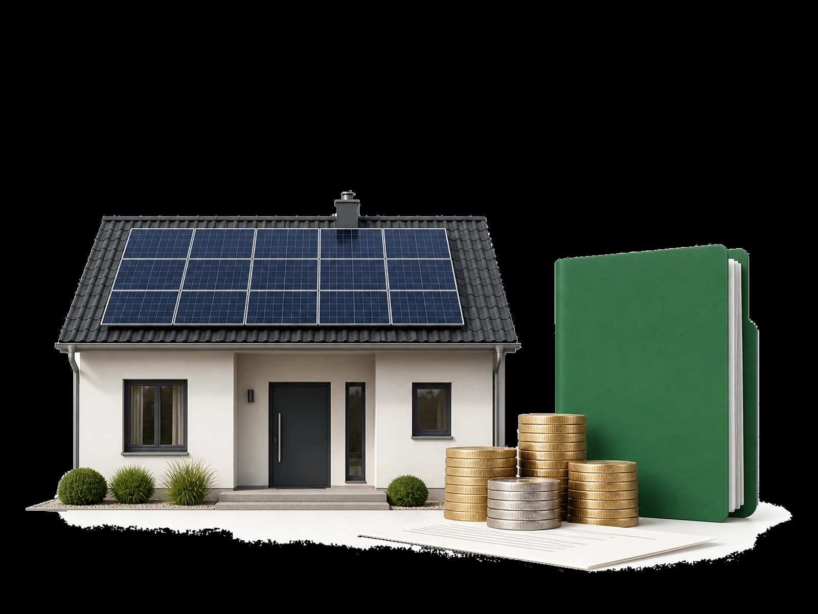 Effizienzhaus mit Solaranlage, Wärmepumpe, Fördermappe und Münzen