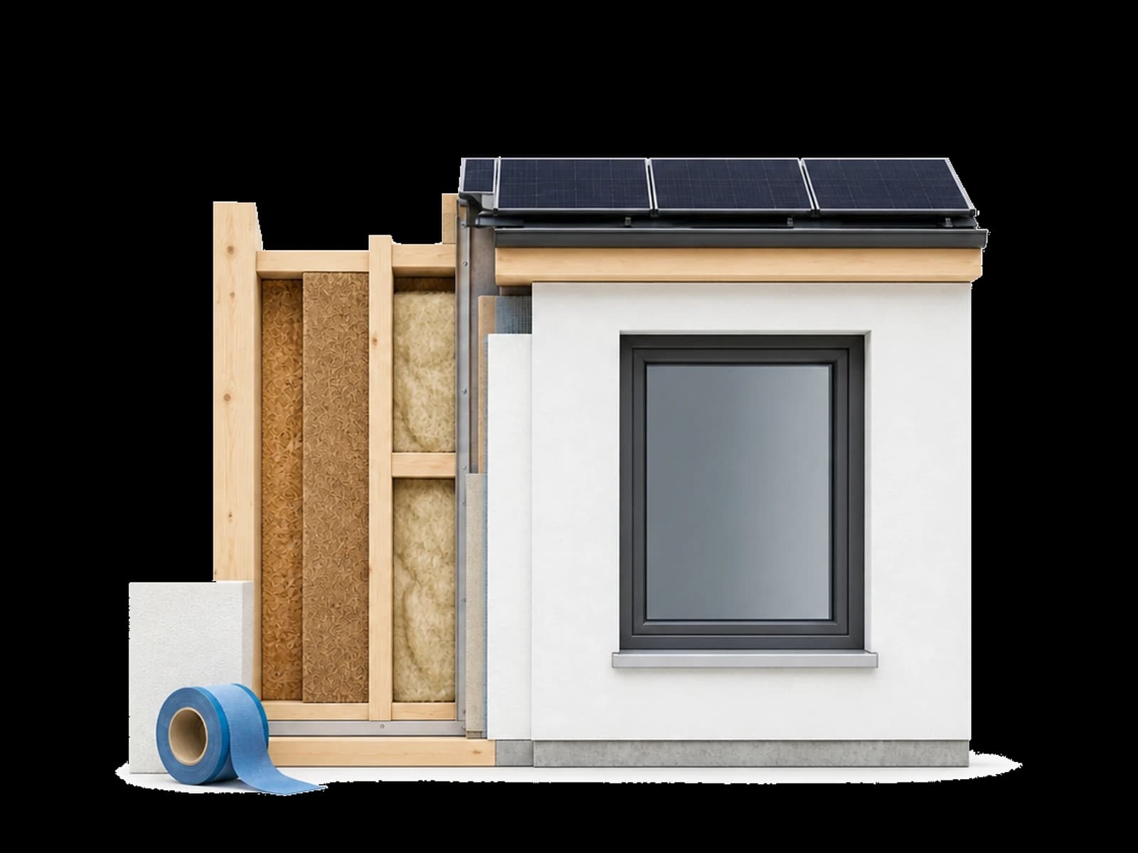 Aufbau einer energieeffizienten Außenwand mit Dämmung und Solardach