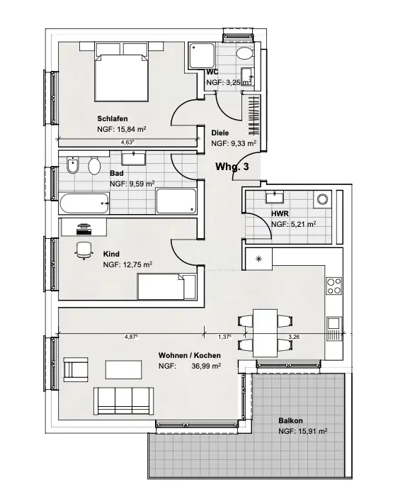 Grundriss 1. Obergeschoss – Wohnung links