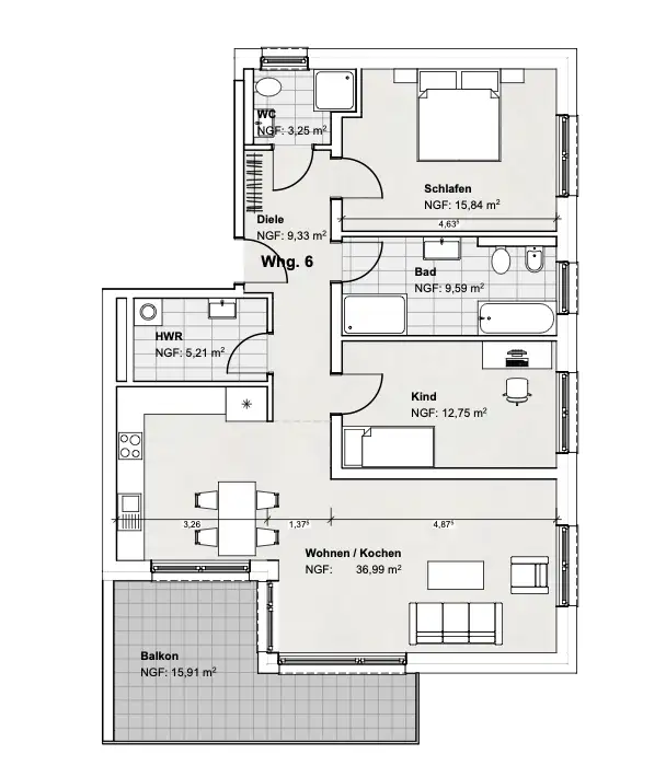 Grundriss Wohnung 2. Obergeschoss – Variante 1
