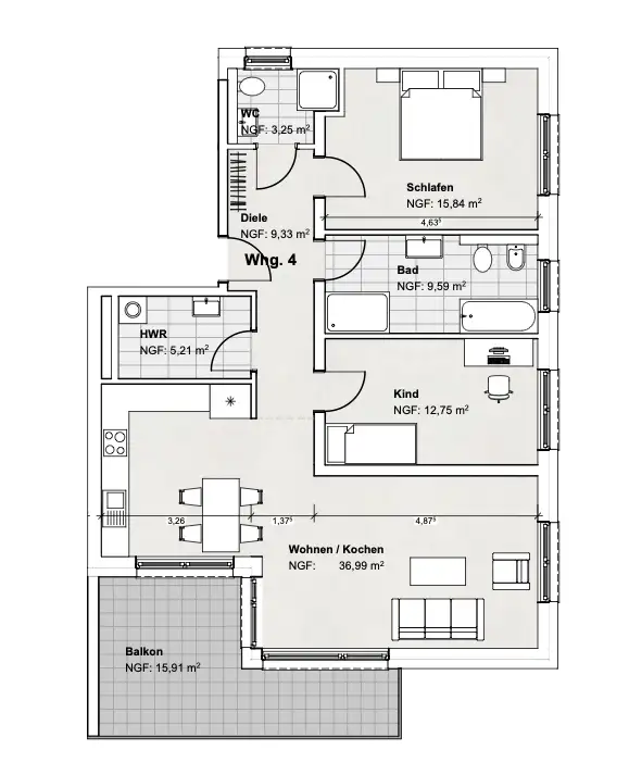 Grundriss 1. Obergeschoss – Wohnung rechts