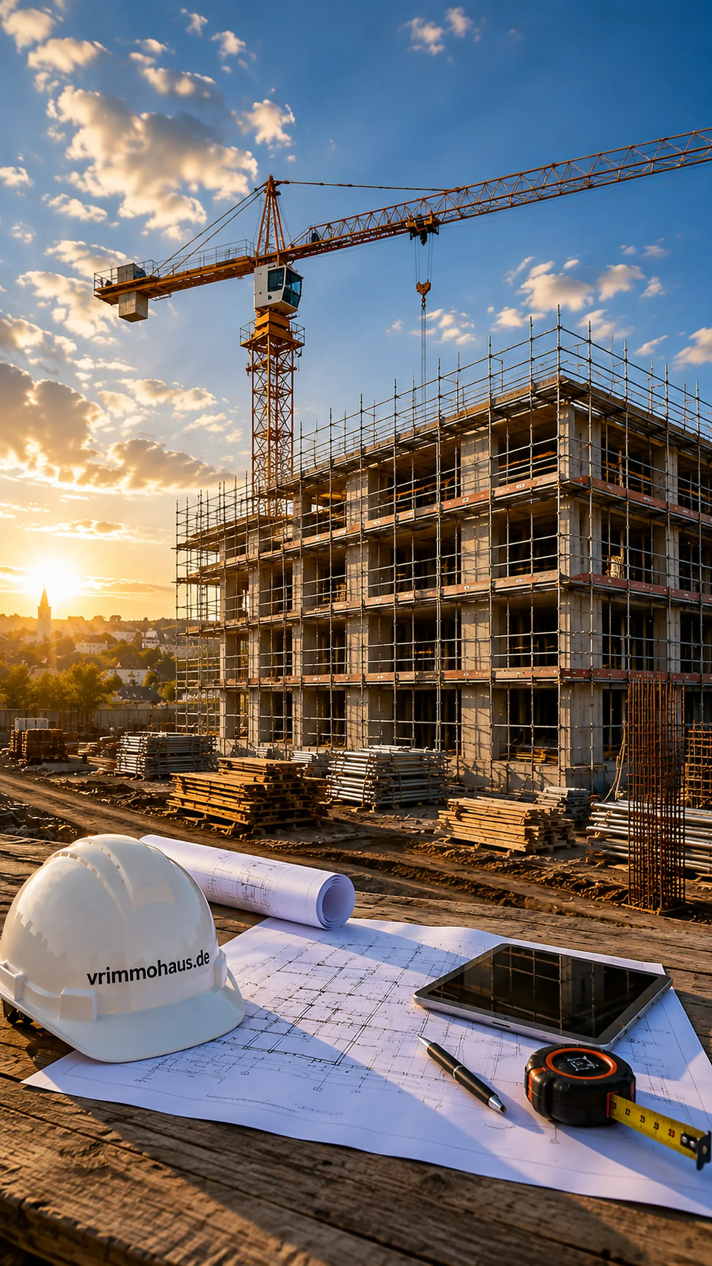 Bauüberwachung mit Plan, Helm und Tablet auf der Baustelle