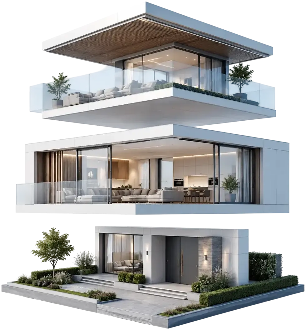 Immobilien kaufen: Modell eines modernen Wohnhauses mit drei Ebenen