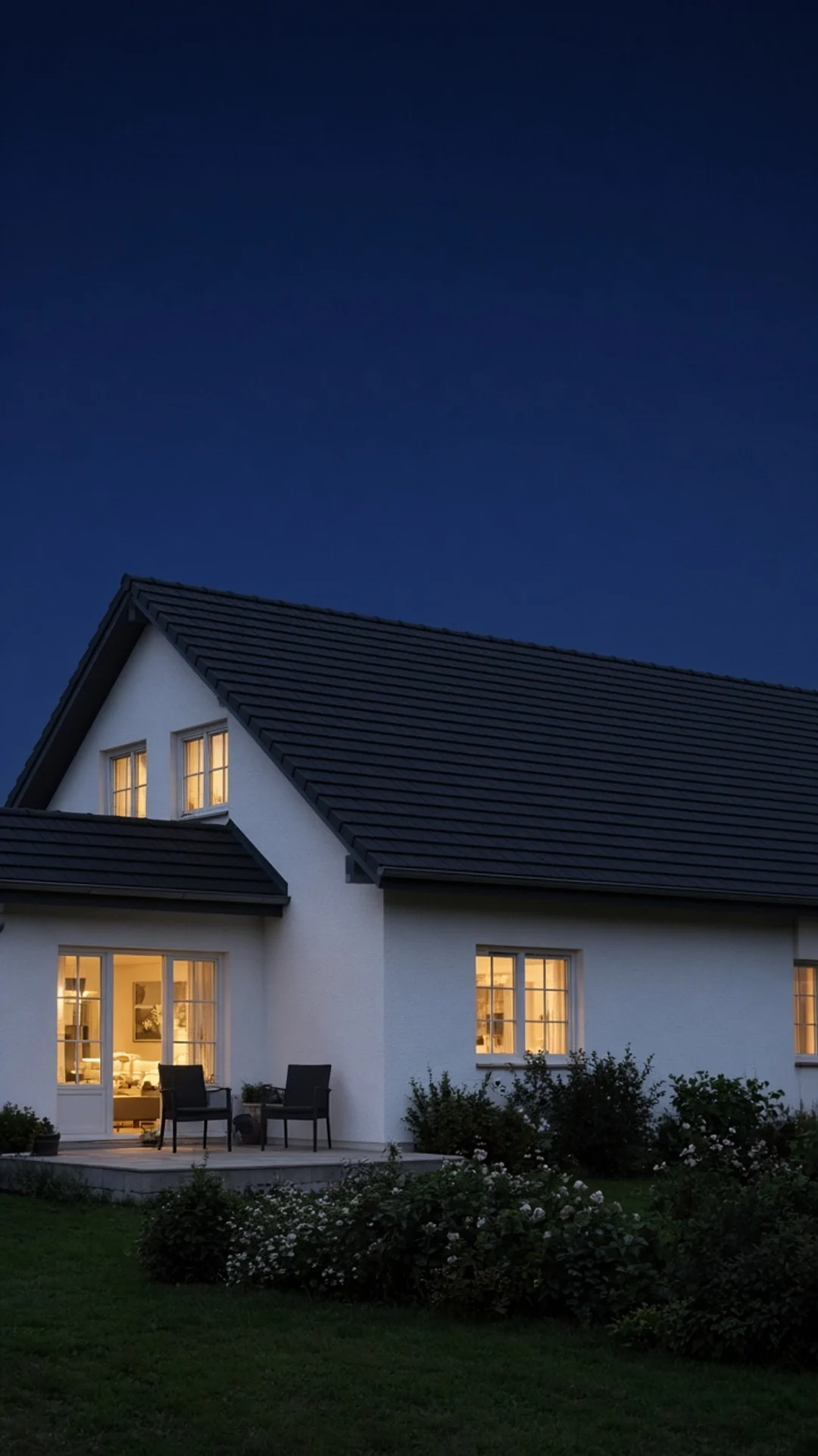 Haus mit Garten in der Dämmerung