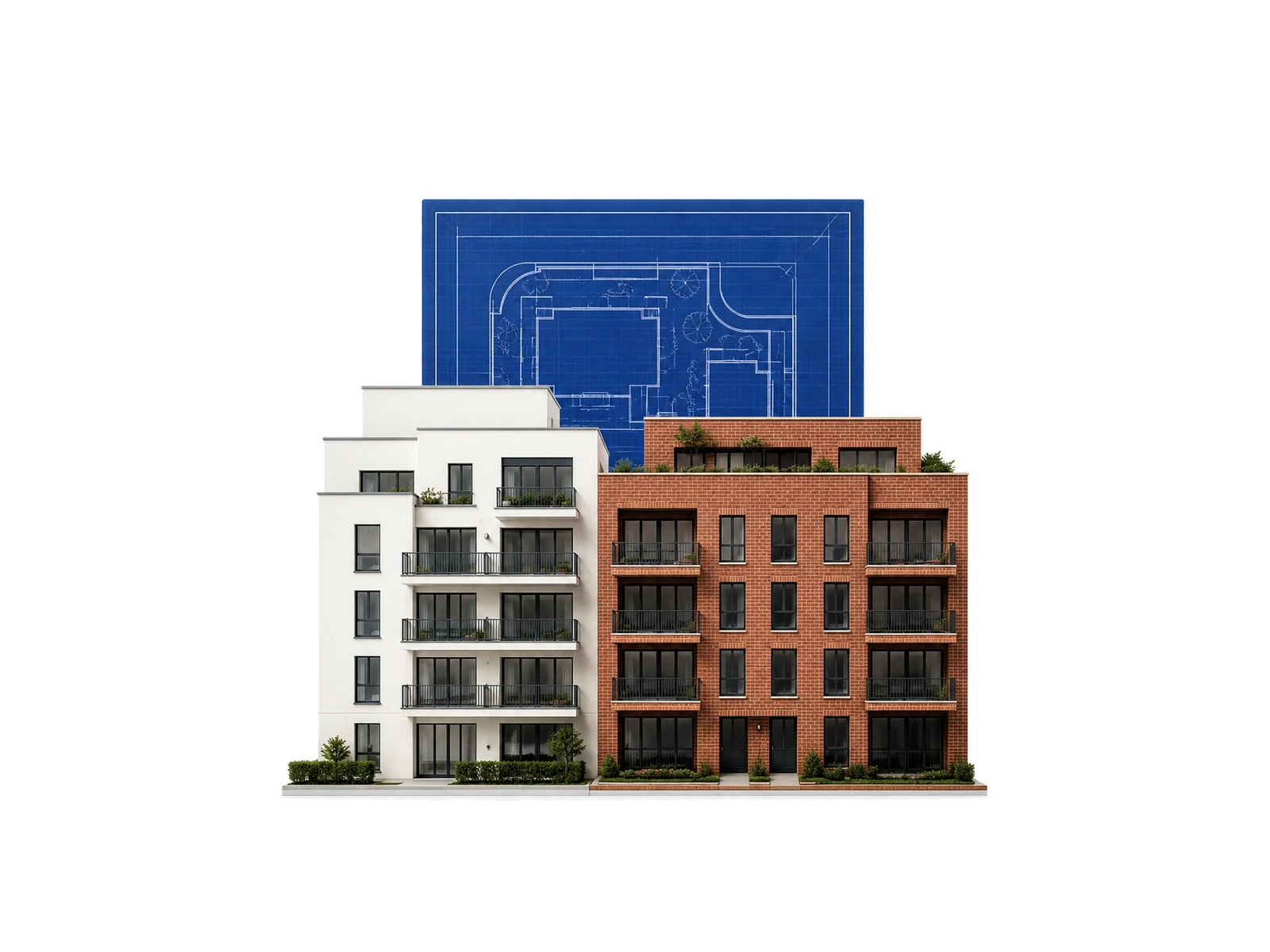 Frontales Quartiersmodell mit Lageplan und Architektenmaßstab
