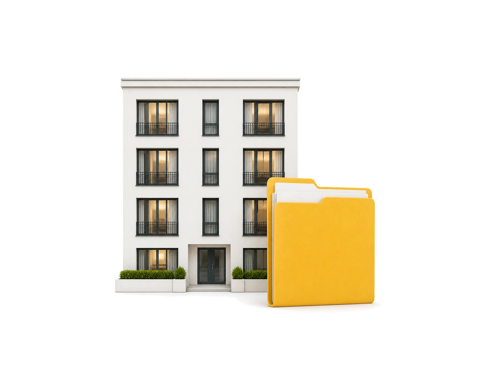 Frontales Apartmenthaus mit Mietmappe und Übergabeschlüsseln