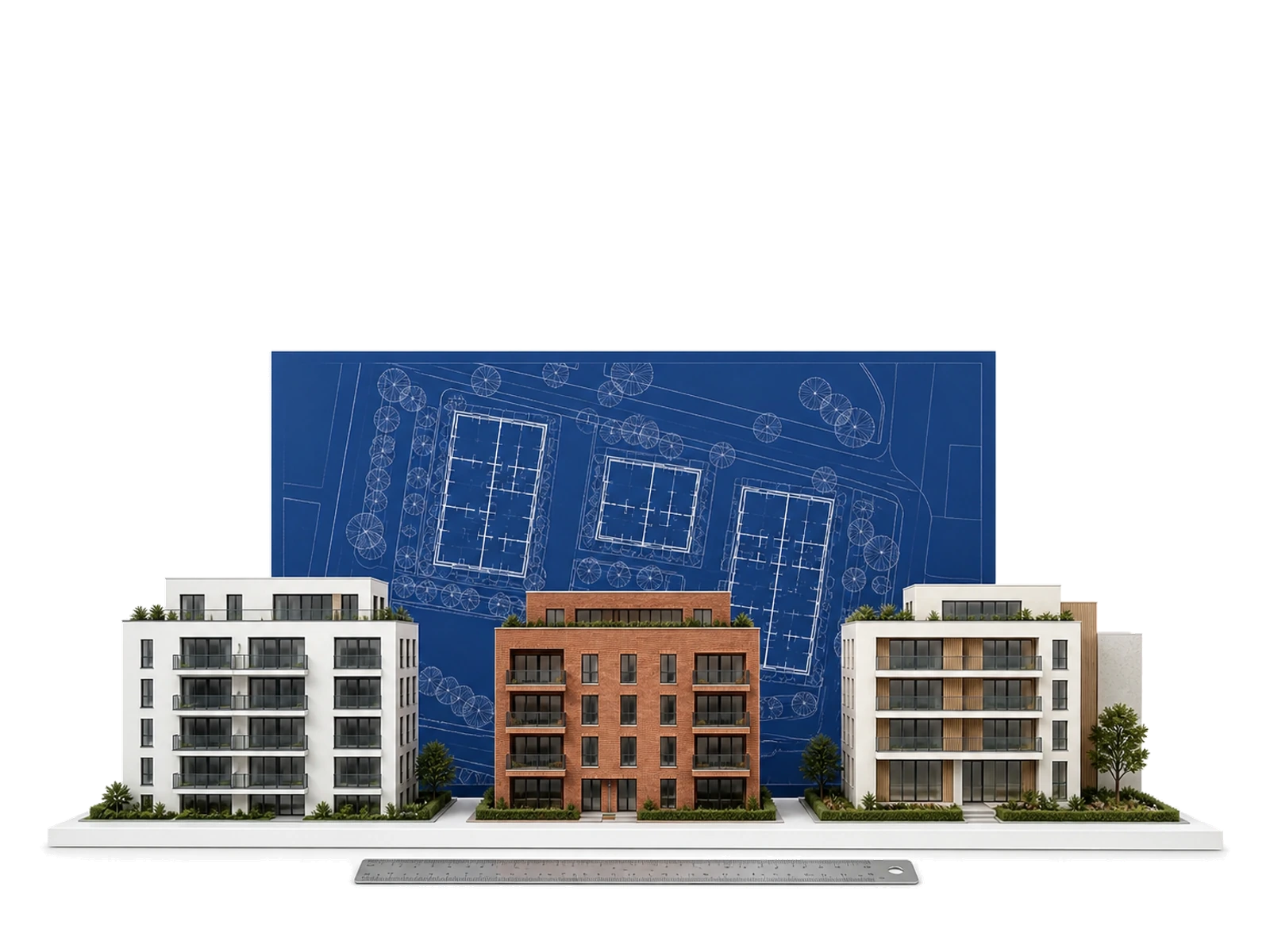 Architekturmodelle eines Wohnquartiers vor einem Lageplan