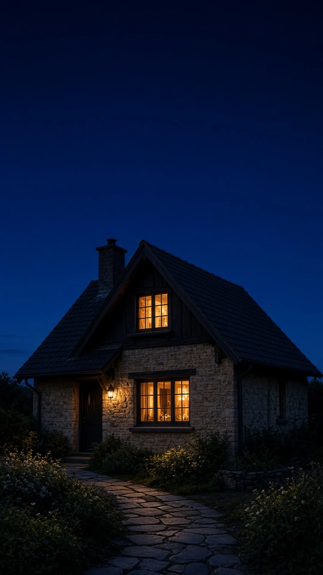 Haus mit Garten im Abendlicht